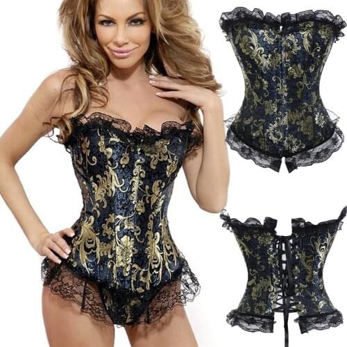 Womens Gothic Bustiers Corsets Satin Boned Lace Up Overbust Bridal Bodysuit Steampunk Brocade Steel Boned Waist Cincher Vest