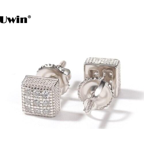Uwin CZ Zircon Square Stud Earrings Bling Iced Out Micro Full Paved Rhinestone Earrings Gold Color Earrings For Men Jewelry