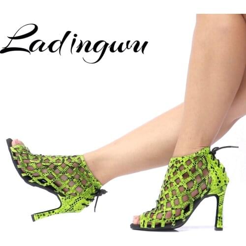 Ladingwu Latin Dance Shoes Fluorescent Green Snake Pattern Laser Dance Shoes Salsa Women Lace-up Dance Boots Ballroom Dance Shoe