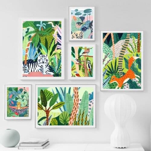 Forest Cheetah Bird Tiger Snake Leaf Wall Art Canvas Painting Nordic Posters And Prints Wall Pictures For Living Room Home Decor