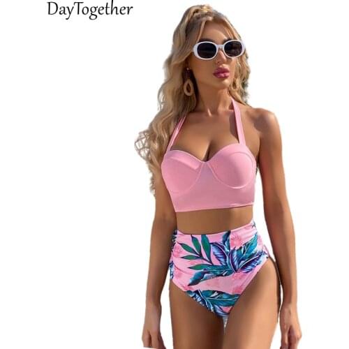Summer Womens Swimsuit Solid Sexy Print High Waist Tube Top Woman Bikini Color Pink White Two-Piece Set Females Swimwear