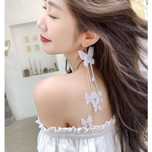 Fashion personality exaggerated jewelry long white butterfly earrings bohemian tassel holiday party earrings female gift