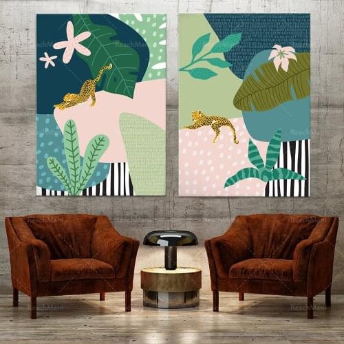 A set of 2 tropical abstract art, featuring animal prints, a pair of abstract jungle printable wall art, green style abstract wa
