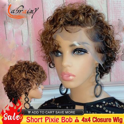 4x4 Pixie Cut Lace Front Human Hair Wigs Brazilian Short Kinky Curly Bob Transparent Lace Frontal Highlight Honey Blonde Wig