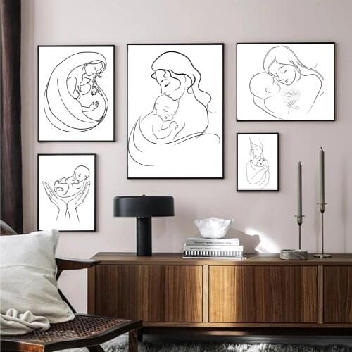 Nordic Mother Baby Child Art Line Drawing Poster Hands Together Family Minimalist Wall Canvas Print Painting Decorative Pictures