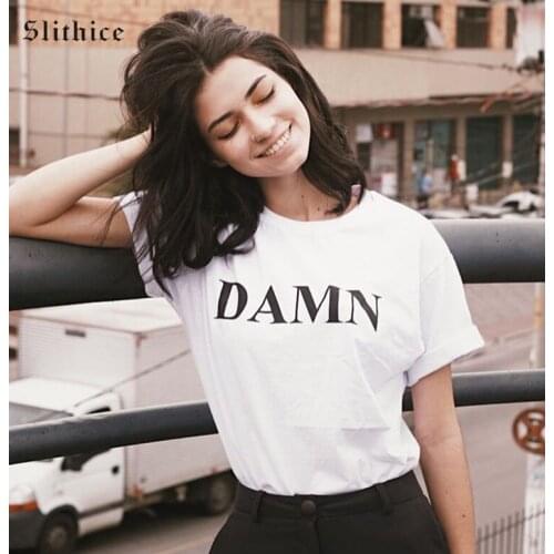 Slithice DAMN Letter Print T-shirts Top Short Sleeve Cotton Casual harajuku Summer Women T-shirt tees tumblr White Black