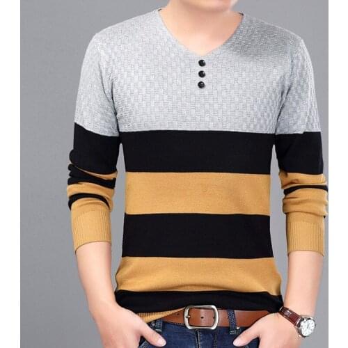 2017 Autumn New Fashion Male Sweaters Casual Wear Yellow Blue Grey Stip V Neck Slim Fit Sweater Male Plus Size M~3XL