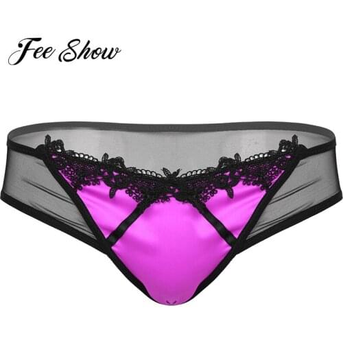 Mens Lace Trim Satin Patchwork Briefs Low Rise Elastic Waistband Sissy Panties Exotic Underwear See-through Mesh Back Underpants