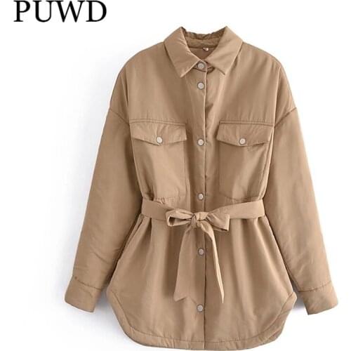 PUWD Vintage Women Cotton Padded Long Sashes Parkas 2021 Winter Fashion Ladies Pockets Streetwear Coats Female Chic Outwear