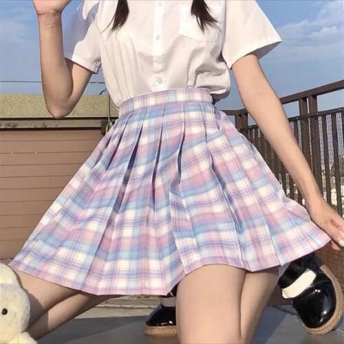 Women Pleated Skirts High Waist Korean Style Blue Purple Plaid Skirts Girls Cute Sweet Kawaii Ladies Mini Skirt Femlae Uniform