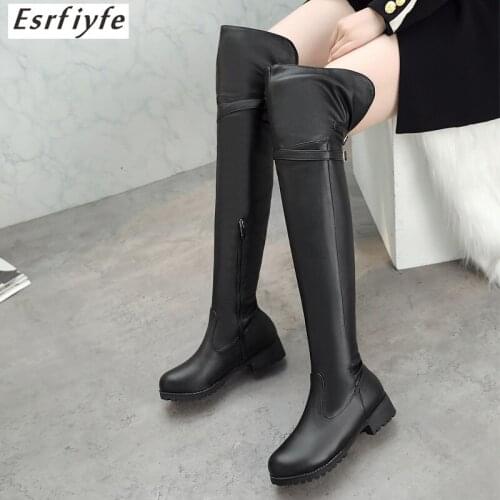 ESRFIYFE 2020 New Big Size 34-48 Female Over The Knee Boots Zippers Womens Thigh High Boot Buckle Strap Thick Heels Shoes Woman