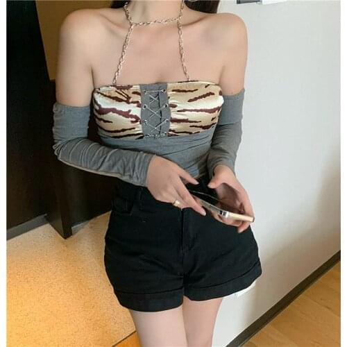 Design sense leopard stitching chain hanging neck disassembled vest sleeve T-shirt female 2021 new tops