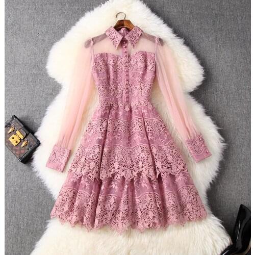 Spring and summer womens new net yarn lantern sleeve stitching water-soluble lace feminine cake dress T3735