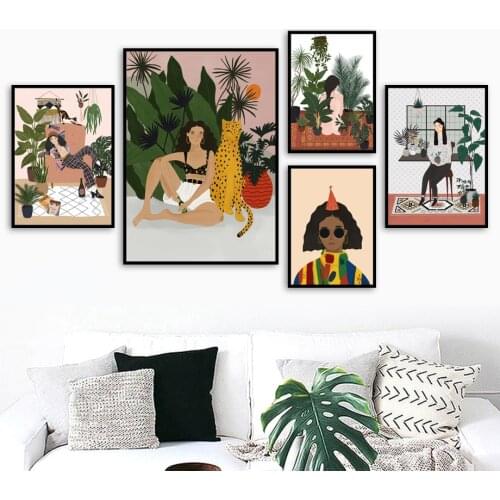 Abstract Fashion Vintage Girl Tiger Leaves Wall Art Canvas Painting Nordic Posters And Prints Wall Picture For Living Room Decor