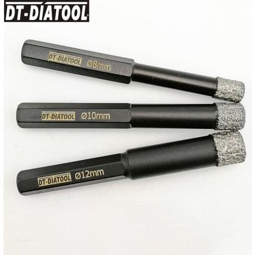 DT-DIATOOL 3pcs/set Dia 8mm 10mm 12mm Hexagon shank Dry Vacuum Brazed Diamond Drill Core Bits multi-purpose drilling Hole Saw