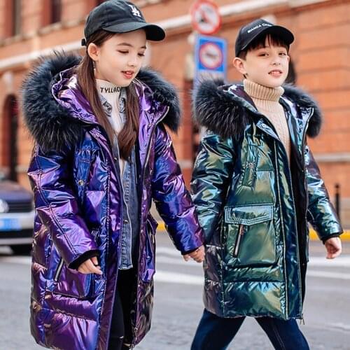 -30°c Colorful bright face girls jacket down coat Fur collar long hooded coat for boys girls Winter new Year childrens jacket
