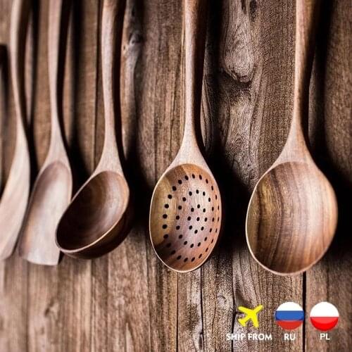 Thailand Teak Natural Wood Tableware Spoon Ladle Turner Long Rice Colander Soup Skimmer Cooking Spoons Scoop Kitchen Tool Set