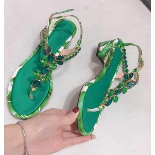 Moraima Snc Bohemia Style Crystal Embellished Thong Sandals Summer Sexy Ankle Strap Thick Heels Shoes Rhinestones Dress Shoes
