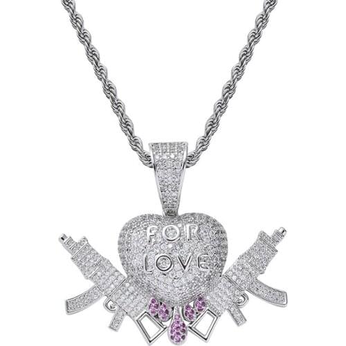 Hip Hop AAA Cubic Zirconia Paved Bling Iced Out Forever Love Heart Gun Pendants Necklace for Men Rapper Jewelry Silver Color