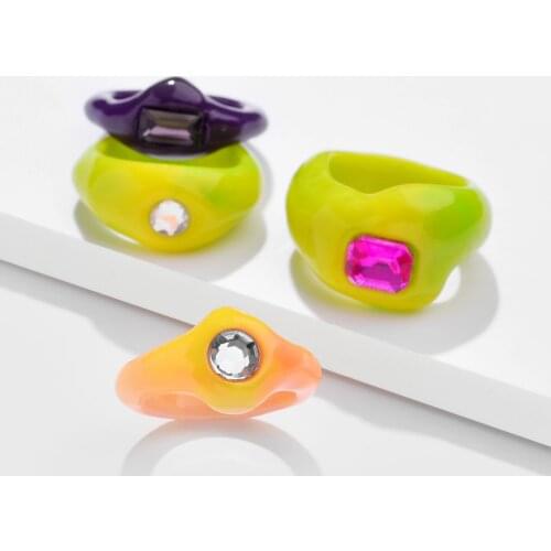 4pcs/set New Exaggeration Colourful Geometric Irregular Resin Acrylic Ring For Women Korean Creative Rhinestone Rings Jewelry