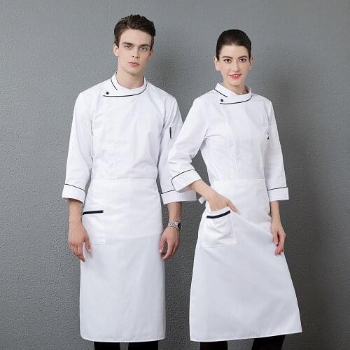 2018 New Fashion Hotel Work Clothing Men and Women Long Sleeve Chef White Jacket+Apron Set Coffee Shop Staff Work Wear Wholesale