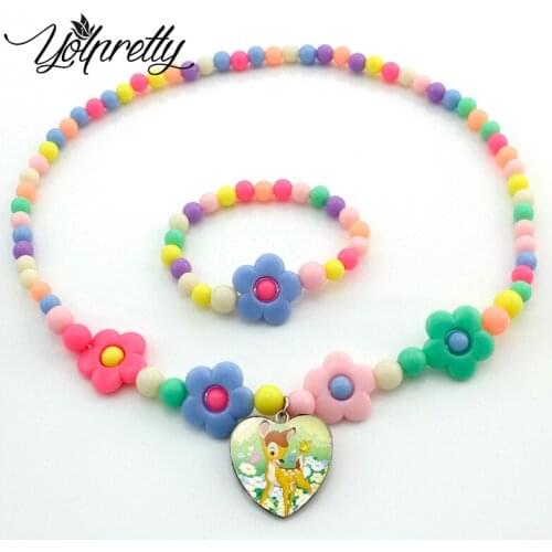 2021 New Arrival Fawn Bambi Cartoon Flower Star Necklace Heart Glass Cabochon Pendants Chrildren Necklace Jewelry Gifts