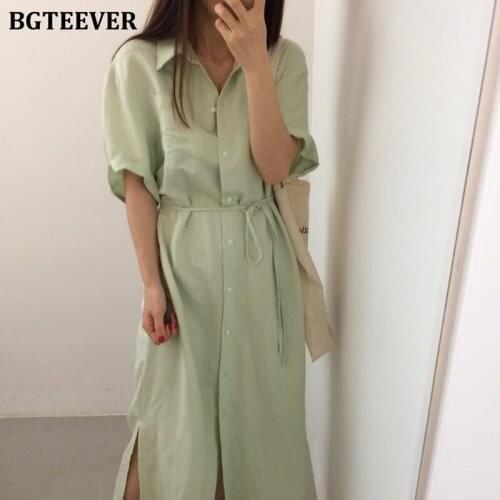 BGTEEVER Casual Single-breasted Women Shirt Dress Chic Lapel Short Sleeve Lace-up Side Split Female Solid Dress 2021 Summer