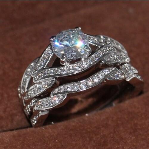 Drop Shipping Couple Rings For Women Trendy Jewelry 10KT White Gold Filled 5A Clear CZ Cute Ladies Wedding Bridal Ring Set Gift