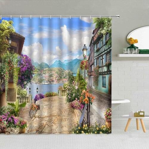 Garden Flower Shower Curtain Oil Painting Scenery Town Street View Bathroom Decor Supplies With Hooks Bath Screen Cloth Curtains