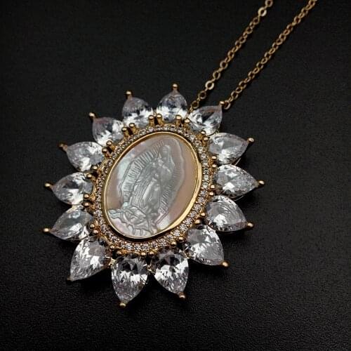 Y·YING 17.5" White Shell Virgin Mary Clear CZ Micro Pave Oval Shape Pendant Necklace