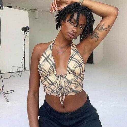 Womens Slim Fit Sling Halter Top Or Vest Sexy Deep V Neck Plaid Print Sleeveless Ruffle Crop Shirt With Drawstring Sleeveless