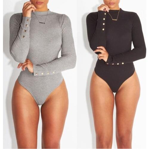 Women Long Sleeve Bodysuit Fashion Sexy Stretch Leotard Womens Bodysuit With Button Solid Slim Casual Ladies Rompers HO704020