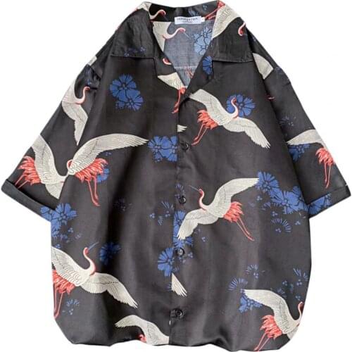 2021 Summer Vintage Shirt For Men Cardigan Short Sleeve Shirts Hawaiian Beach Shirt Blouse Loose Turtleneck Shirt Male