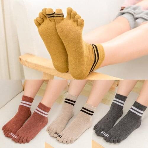 4Pieces=2 Pairs/Set Cottom Women Five Finger Toe Socks Solid Striped Lady Funny Crew Sock Breathable Comfortable TJ3093
