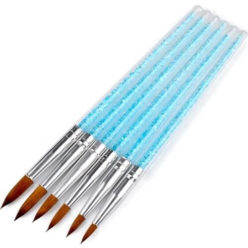 6pcs Blue Rhinestones Handle And Nylon Hair Nail Art Brush Pen UV Gel Polish Painting Drawing Design Manicure Accessory Tools