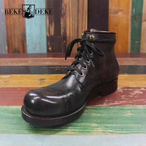 England Style Mens Genuine Leather High-Top Round Toe Biker Boots Vintage Cowhide Lace Up Rubber Sole Outdoor Ankle Boot