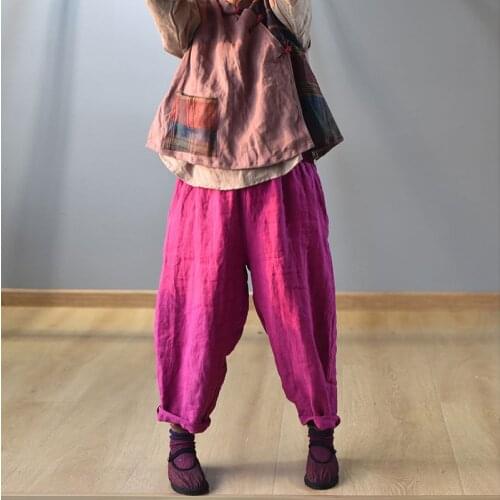 Women Loose Solid Color Elastic Waist Linen Pants Ladies Plus Size Flax Trousers Female 2020 Spring Summer Autumn Pants