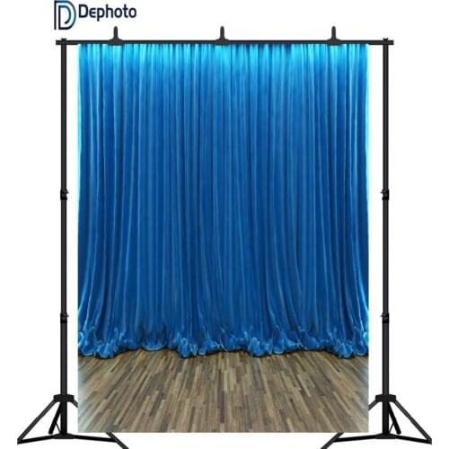 DePhoto Blue Curtain Wooden Floor backdrop Stage photo background newborn baby shower wedding photography backdrop