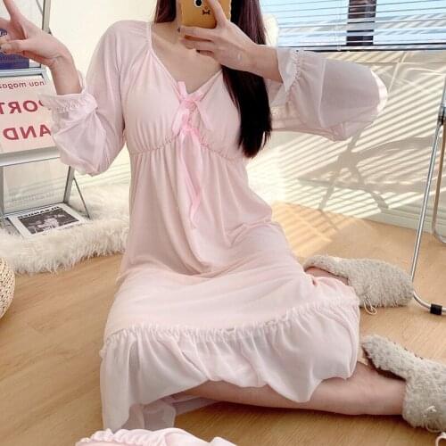 Spring Autumn V-Neck Long Mesh Nightgown Womens Sweet Ruffles Bow Trim Nightdress With Bra Intimate Sleepwear Casual Home Dress