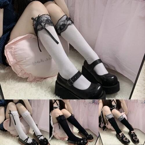 Long Tube Stockings Long Bowknot Cotton Pure Color Lace Japanese Style Lolita Socks 1Pair Cosplay Cute