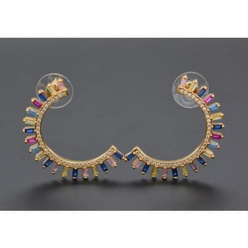 925 Silver Half Moon Shaped Curved Crescent Earrings Plated Gold Inlaid Color Zircon Temperament Beautiful Woman Ear Jewelry