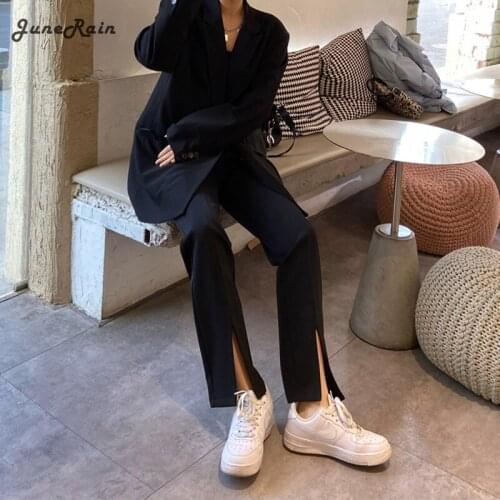 JuneRain Vintage Long Flare Pants Women Korean Streetwear Sexy High Waist Trousers Lady Casual Front Split Bell Bottom Long Pant