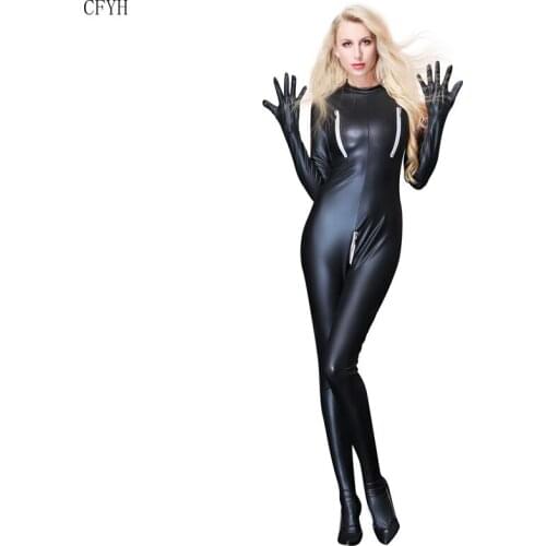 Faux Leather Long Sleeve Open Crotch Latex Bodysuit Sexy Lingerie Zipper Latex PVC Catsuit Night Club Pole Dance Jumpsuit