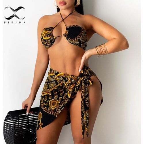 3-piece mesh skirt swimwear Triangle micro bikini set Vintage print swimsuit womens swimming suit High cut bathing suit Biquini