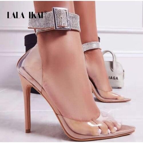 LALA IKAI Summer High Heels Sandals Women’s Crystal Pointed Toe Thin Heels Shallow Shoes Sexy Party Large Size Zapatos de mujer