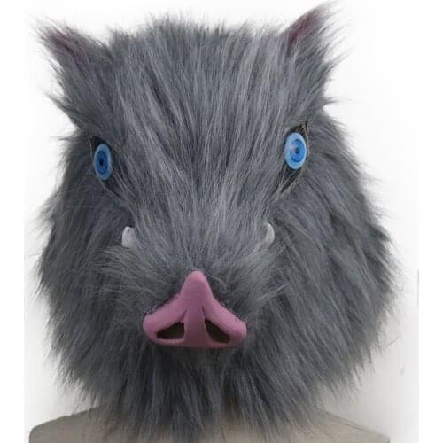 Anime Demon Slayer Hashibira Mask Cosplay Inosuke Latex Wild Boar Masks with Fur Helmet Halloween Costume Party Carnival Props