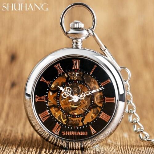 SHUHANG Open Face Mechanical Watches Luxury Silver Smooth Steampunk Hand Wind Pocket Watch Stylish Women Simple Men Women Gift