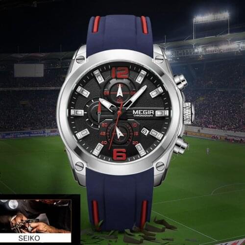 Fashion Casual Male Clock Sports Style Quartz Chronograph Watch Waterproof Calendar Silicone Strap Men Megir 2063 Wristwatches