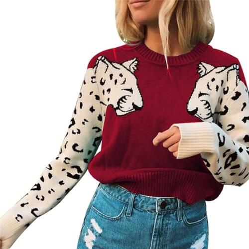 Fashion Womens Knitted Long Sleeve Sweater Leopard Patchwork Tops Ladies Casual Knit Loose Jumper Pullover