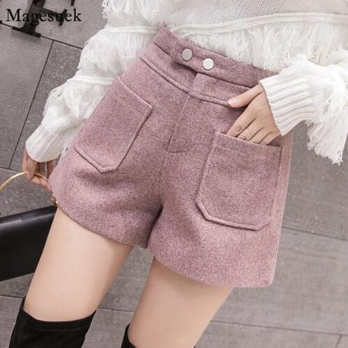 Autumn Winter Sexy Casual Woolen Women Shorts Slim High Waist Black Shorts Women Pockets Solid Wide Leg Femme Shorts Mujer 6307